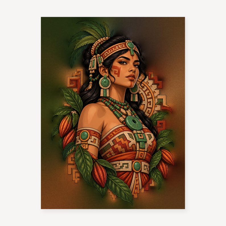 May include: A digital illustration of a person with dark hair wearing a green and orange patterned garment, adorned with jade-colored jewelry, a feathered headpiece, and facial markings, surrounded by cacao pods and leaves.