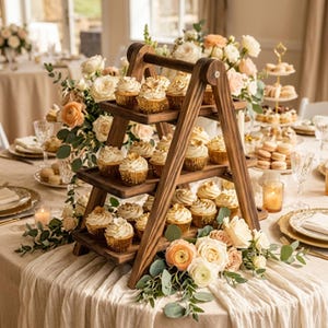 May include: A three-tiered wooden cupcake stand with an A-frame design, holding numerous cupcakes in gold foil liners. The stand is decorated with white and peach roses and eucalyptus greenery, placed on a table with a beige tablecloth.