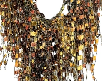 Fall Scarf for Women Lightweight, Ladies Lightweight Ribbon Scarfs, Ladder Yarn Scarf, Fringe Necklace Scarf, Gold Infinity Scarf Gift -TE