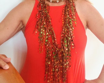 ScarfLady Orange Green Scarf, Fashion Statement Necklace Gift for Women, Orange and Olive Green Scarf Necklace,  Coral Jade Necklace Scarf