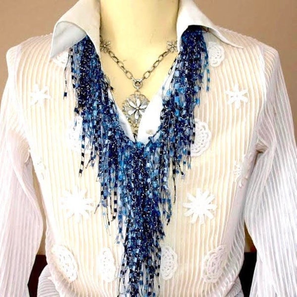 ScarfLady Handmade Jewelry, Scarf Lady Scarf Necklaces , Scarf Lady Fashions Ladder Yarn Necklace Scarf,  Denim Beaded Scarf Necklace