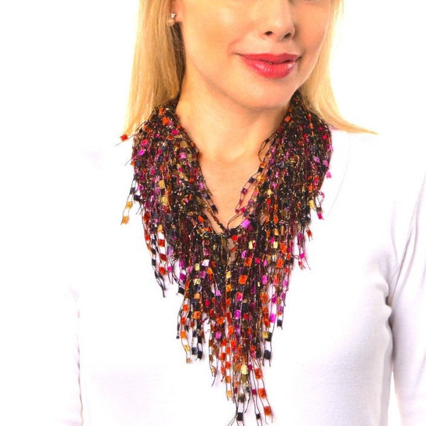 Ladder Yarn Necklace Scarf Gift for Ladies, Beaded Scarf Necklace, Garnet Onyx GemLace Scarf, Red, Black, Light Tan, Pink, Orange