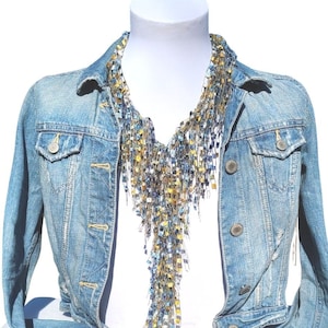 Jean Jacket Jewelry Scarf Necklace, Denim Textile Jewelry, Chunky Yarn Necklace