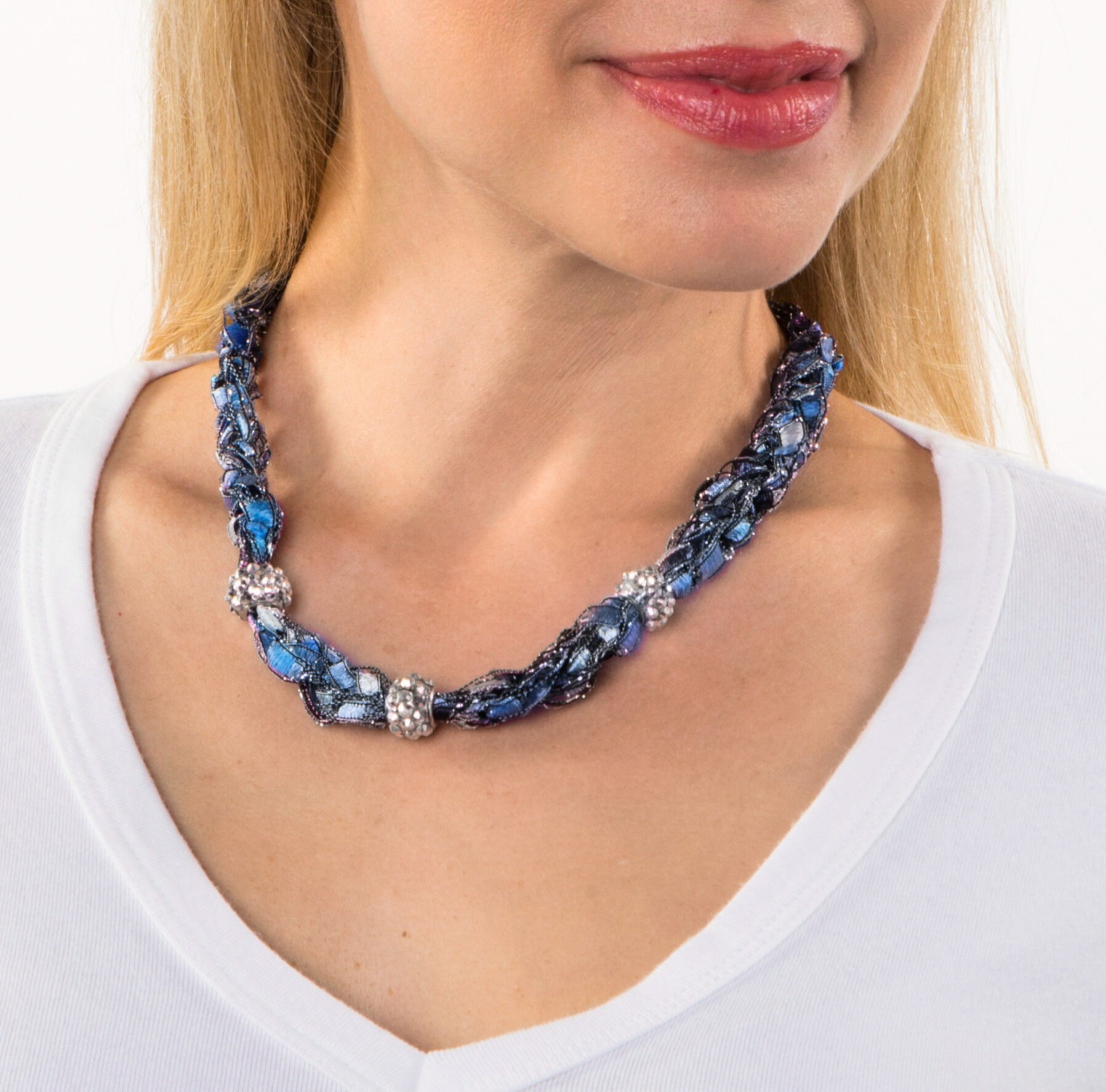 Blue Statement Necklace with Silver Beads for Women, Blue Crochet Necklace, Lightweight Blue Necklace- Adorned Necklace