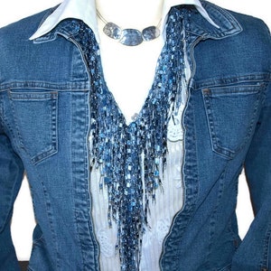 Denim Scarf Jewelry - Bead Scarf Necklace - Denim Jewelry - Denim Summer Scarf -Star Sapphire GemLace - Blue Denim Scarf- Denim Circle Scarf