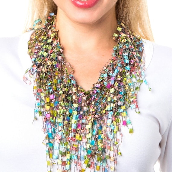 Multicolor Pastel Handmade Jewelry Scarf, Summer statement accessory Colorful necklace scarf, Colorful BIB necklace Rainbow scarf SPR100