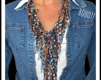 Handmade Gift for Mom, Boho Denim Scarf Necklace for Scarf Lover, Fabric Crochet Jewelry, Textile Crochet Necklace, Denim Beaded BIB