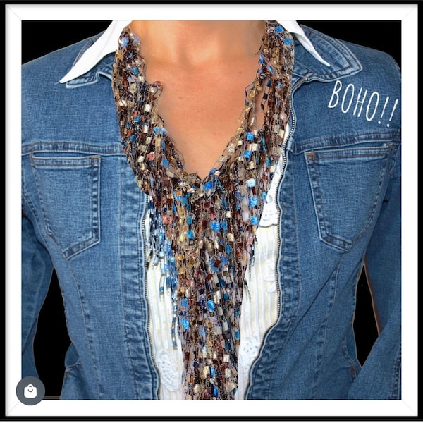 Handmade Gift for Mom, Boho Denim Scarf Necklace for Scarf Lover, Fabric Crochet Jewelry, Textile Crochet Necklace, Denim Beaded BIB