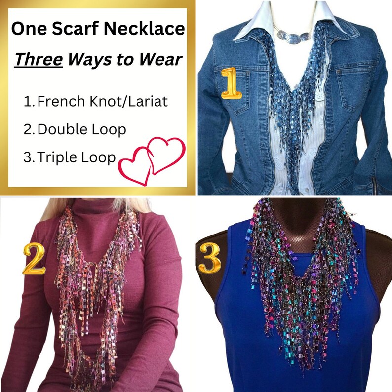 May include: One scarf necklace shown in three different ways to wear: French knot/Lariat, Double Loop, and Triple Loop. The scarf is a mix of blue, purple, and pink colors.