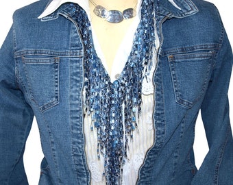 Blue Scarf Bandana with Glitter Fringe, Cowgirl Western Wild Rags for Women, Long Fringe Bandana Scarf Necklace, Denim Jean Bandana - Blue