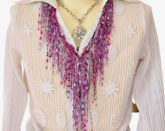 Pink Scarf Necklaces for Women, Fuchsia Beaded Necklace Scarf Gift for Mom - Pink Ruby GemLace