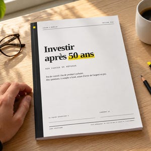 May include: A white workbook titled Investir après 50 ans with black text and a yellow highlight on the number 50. The cover features the subtitle Mon cahier de méthode, additional French text, and a black vertical spine strip on the left side.