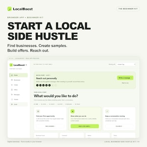 Könnte beinhalten: Eine digitale Produktoberfläche namens LocalBoost, bestehend aus einer Browser-App und einem Starter-Kit für lokale Nebenprojekte. Der Bildschirm zeigt ein Dashboard mit Navigationsmenü, Schnellstartanleitung und Aufgabenkarten.