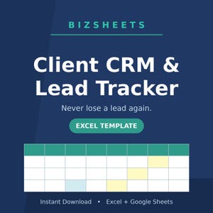 Könnte beinhalten: Eine digitale Grafik für eine BIZSHEETS Client CRM & Lead Tracker Excel-Vorlage. Der dunkelblaue Hintergrund zeigt weißen Text mit der Aufschrift Client CRM & Lead Tracker, Never lose a lead again und Excel Template sowie ein Raster mit farbigen Zellen.