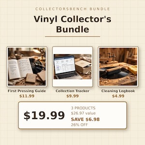 Może przedstawiać: Zestaw CollectorsBench Bundle zawierający Vinyl Collector's Bundle. W skład zestawu wchodzi przewodnik po pierwszych tłoczeniach, tracker kolekcji wyświetlany na laptopie oraz dziennik czyszczenia z płytą winylową i szczotką. Cena: 19,99 $.