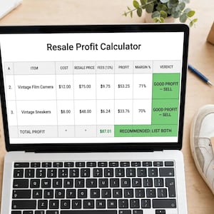 May include: A laptop screen displaying a Resale Profit Calculator spreadsheet with columns for item, cost, resale price, fees, profit, margin, and verdict. The table lists vintage film camera and vintage sneakers with calculated profit values.