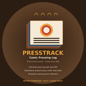 Peut inclure: Un graphique circulaire montrant une pile de trois cartes rectangulaires blanches, bleues et brunes. La carte supérieure affiche une icône de cible rouge et jaune avec des lignes horizontales. Le texte indique PRESSTRACK Comic Pressing Log, Track every press - Know your ROI, 100-book press log with auto ROI, Dashboard: grade bumps, profit, best book, Temp/time starting-point reference, INSTANT DOWNLOAD - Excel + Google Sheets.