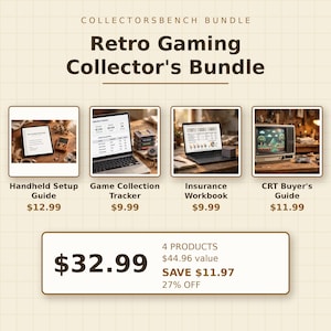 May include: A Retro Gaming Collector's Bundle featuring four digital guides and trackers: a Handheld Setup Guide, a Game Collection Tracker, an Insurance Workbook, and a CRT Buyer's Guide, presented as a collection of resources for gaming enthusiasts.