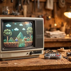 May include: A vintage beige television set displaying a pixelated 2D platformer video game with a character, trees, and mountains on the screen. A grey wired game controller with four colored buttons and a directional pad sits in front of the monitor.