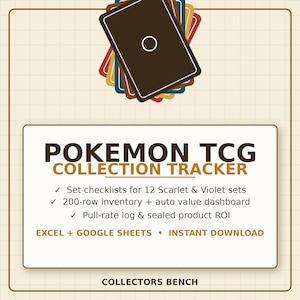 May include: A digital Pokemon TCG collection tracker for Excel and Google Sheets. The graphic features a stack of colorful card backs and text detailing features like set checklists, inventory management, and ROI tracking for collectors.