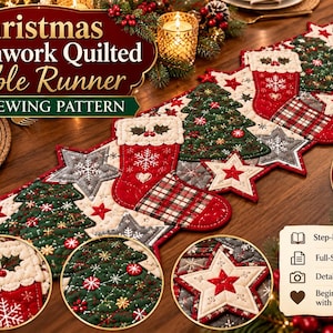 May include: A Christmas patchwork quilted table runner PDF sewing pattern featuring red stockings, green Christmas trees, and grey stars. The design includes text: Christmas Patchwork Quilted Table Runner, PDF SEWING PATTERN, DIGITAL PDF PATTERN.