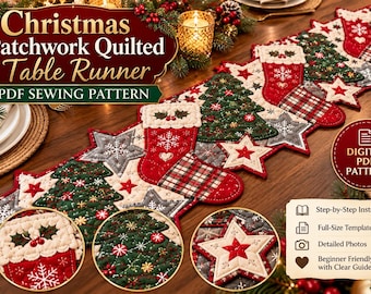 May include: A Christmas patchwork quilted table runner PDF sewing pattern featuring red stockings, green Christmas trees, and gray stars. The design includes text: Christmas Patchwork Quilted Table Runner, PDF SEWING PATTERN, DIGITAL PDF PATTERN.