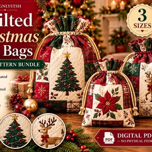 Naaipatroon voor gewatteerde kerstcadeautasjes (PDF), 3 maten, patchwork cadeautasje met trekkoord, herbruikbare feestelijke stoffen cadeauverpakking