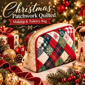 Christmas Patchwork Quilted Makeup Pouch Pattern | Zippered Toiletry Pouch