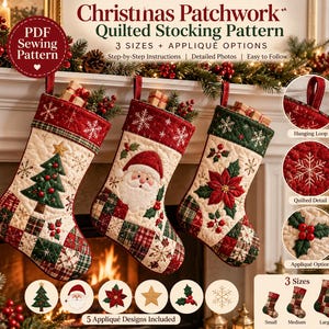 Molde para costura de meia de Natal acolchoada | 3 tamanhos, moldes para apliques (PDF)