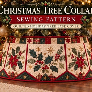 May include: A quilted Christmas tree collar sewing pattern featuring a holiday tree base cover with a cream background, red poinsettias, green holly leaves, red berries, and gold star accents, bordered by red and green plaid fabric panels.