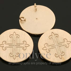 2PCS- 12mmX12mm Matte Gold Plated Brass fancy cross printed charm connector, pendant, Jewelry Supply (K1884G)