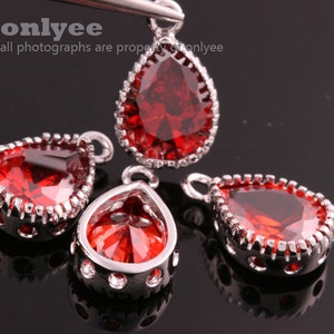 2pcs-15mmX9mmRhodium plated Brass crystal CZ Cubic Zirconia teardrop charms, bridal / wedding jewelry pendants-Ruby(M362S-C)
