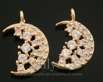 2pcs-12mmX7mm Bright Gold Plated over Brass delicate Crescent moon cubic charm,connector,pendant,Jewerly Supply (K1904G)