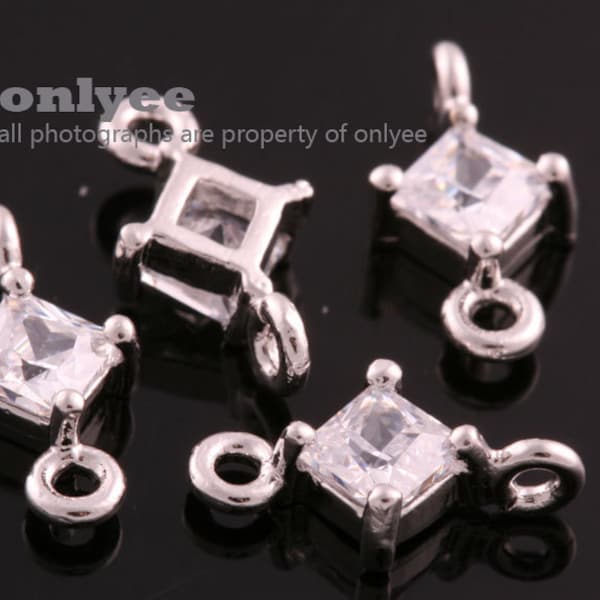 4pcs-10mmX5.3mmRhodium plated Brass clear cubic zirconia cz Diamond,Square connectors, links for charm bracelets, necklaces016 (M110S)