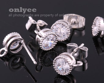 2pcs-8.5mmX6mm Bright Rhodium plated Brass 5mm CZ, zirconia earring, 925 sterling silver post Earring-Clear224(K1036S)