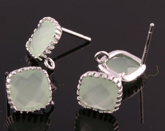 2pcs/1 pair-9mmX9mmRhodium plated faceted Square glass post earrings-Light Mint(M354S-D)