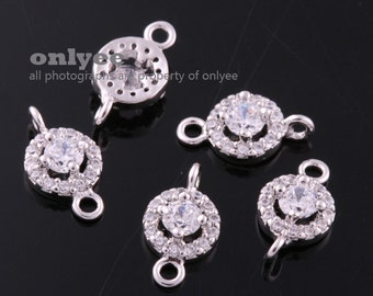2pcs-10.5mmX6mmBright Rhodium plated Brass Cubic zirconia Oval Round Connectors(K1087S)