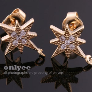 1pair/2pcs-12mmX9mmBright Gold Plated over Brass Cubic Zirconia Star earrings 92.5 sterling silver post Earring013(K1109G)