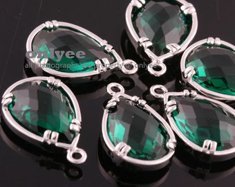 2pcs-16mmX10mm Rhodium plated Brass Faceted NEW Tear Drop With Glass pendants-Emerald(M379S-C)