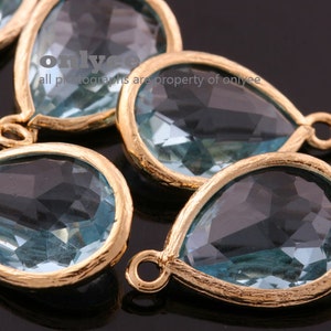 2pcs- 18mmX11mm Gold Plated Over Brass Frame with Faceted Teardrop Glass Pendants Jewelry Charm DIY Gifts  - Aqua (M302G-L)