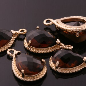 2pcs-19mmX12mmGold Faceted tear drop glass with rope rim pendants-SmokyM316G-K image 1