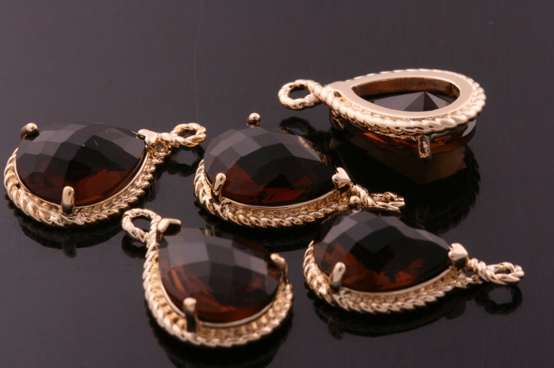 2pcs-19mmX12mmGold Faceted tear drop glass with rope rim pendants-SmokyM316G-K image 1