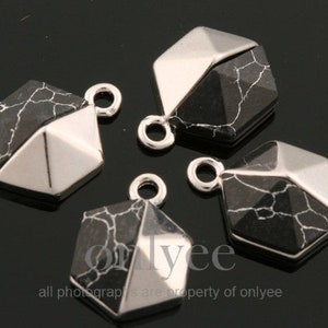 2pcs-12mmX8mmBright Rhodium plated over Brass Half Marble and Half Metal charm,pendant,Jewerly supply,connector,Black Howlite(M437S-A)