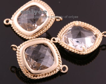 2pcs-19mmX15mmGold Faceted Glass Diamond Square connector-Clear(M318G-B)