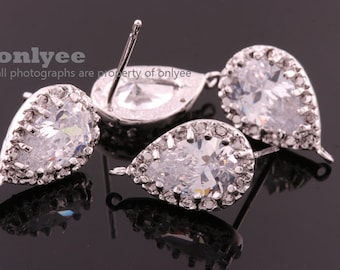 1pair/2pcs-15mmX9mmRhodium Plated over Brass Drop Cubic zirconia earring, 925 sterling silver post Earring Findings(K751S)
