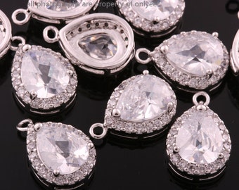 10pcs-16mmX11mmBright Rhodium plated (clear)LUX Cubic zirconia Tear Drop Pendants014(M347S)