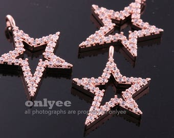 2pcs-20.5mmX15.5mmBright RoseGold plated Brass Delicate Star CZ Charms pendant connector011(K1329R)