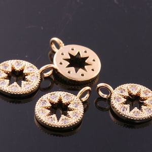 2pcs-10.5mmX8mm Bright Gold plated Brass cubic zirconia in brass Round Star setting charms for jewelry  Charms pendant connector(K1371G)