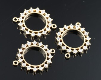 2pcs-18.6mmX15mm Bright Gold plated over Brass Round With Cubic,Zircon Connectors(K2028G)