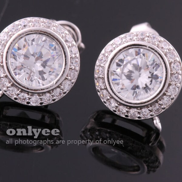 1pair/2pcs-12mmX10.5mmBright Rhodium Plated over Brass Cubic Zirconia Elegant Round earrings 92.5 sterling silver post Earring033(K1120S)